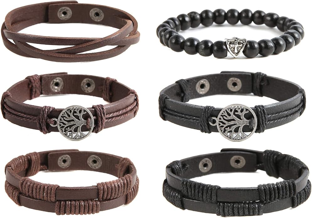 HZMAN Genuine Leather Tree of life Bracelets Men Women, Tiger Eye Natural Stone Lava Rock Beads Ethnic Tribal Elastic Bracelets Wristbands