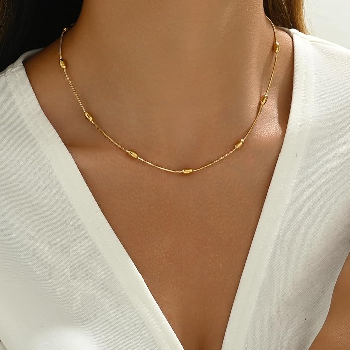 Gold Chain Necklace for Women Dainty 18K Gold Plated Thin Satellite Beaded Turquoise Necklace Simple Gold Boho Jewelry