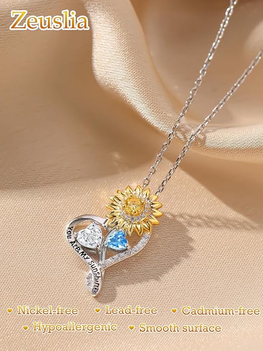 Zeuslia Double Birthstone Necklace Gifts for Wife - 925 Sterling Silver Sunflower/Rose/Crown Cross/Compass/Heart Pendant I Love You Necklace, Anniversary Birthday Gifts for Wife Girlfriend Mom Her