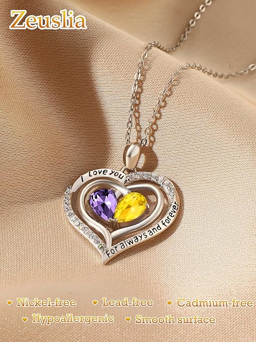 Zeuslia Double Birthstone Necklace Gifts for Wife - 925 Sterling Silver Sunflower/Rose/Crown Cross/Compass/Heart Pendant I Love You Necklace, Anniversary Birthday Gifts for Wife Girlfriend Mom Her