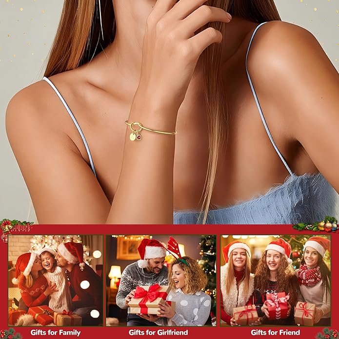 Turandoss Christmas Gifts for Grandkids, Dainty 14K Gold Plated 12 Months Disc Initial Birthstone Heart Knot Bangle Bracelet Birthday Bridesmaid Bracelet Jewelry for Women Girls