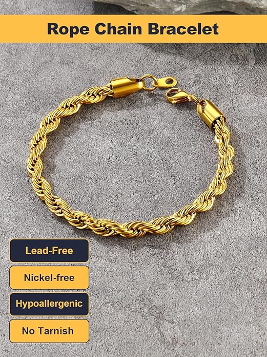 U7 Link Bracelets for Men, Cuban Link/Rope/Watch Band Solid Bracelet, Silver Black Gold Color Wrist Bracelet 3/6/9/12/15mm Width, 6.5/7.5/8.3 Inch Length, Hand Chain Jewelry for Mens Women