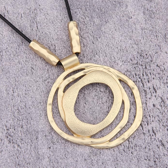 Long Boho Necklaces for Women Vintage Leather Wooden Pendant Y Choker Ethnic Style Gold Circle Hippie Sweater Necklace