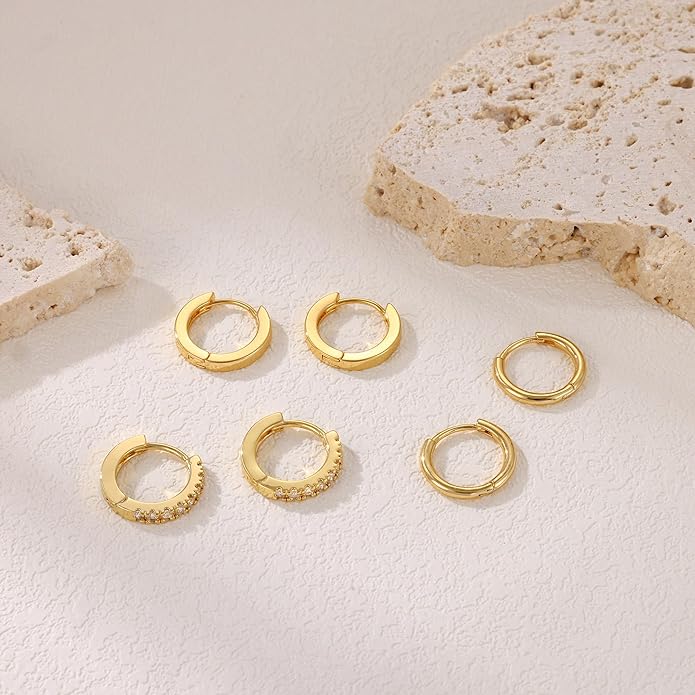 micuco 3 Pairs Small Hoop Earrings Set for Women, 14K Gold Plated Huggie Hoop Earrings for Men, Tiny Cartilage Hypoallergenic Earring Set