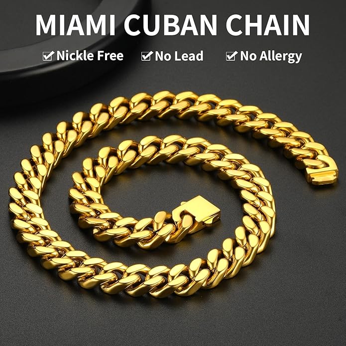 ChainsHouse Stainless Steel Mens Cuban Link Chain, Black/ 18K Gold Plated Miami Cuban Chain Necklace, 5mm/7mm/9mm/12mm/14mm Width, No Tarnish& Durable Hip Hop Mens Jewelry, 18"-30", Send Gift Box