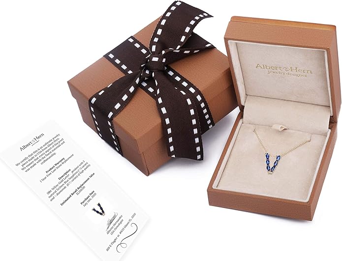 Albert Hern Blue Sapphire Initial Necklace With Diamonds & 18K Gold Chain | Irresistible Letter Pendants Jewelry | Perfect Valentine’s Day, Anniversary & Birthday Gift