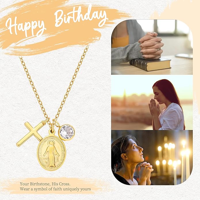 Gold Cross Necklaces for Women, 1-12 Birthstone Necklace Stocking Stuffers for Her Faith Confirmation Gifts for Teen Girls Virgin Mary Necklace Gifts for Christians Birthday Baptism Religious Jewelry