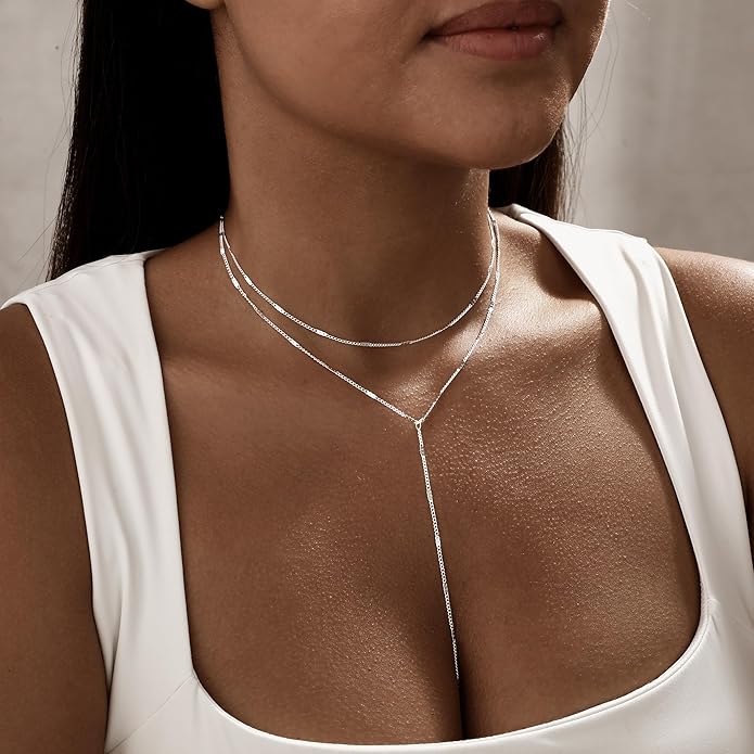 Long Gold Necklace for Women Trendy, Dainty Layered Lariat Necklace 14k Gold Plated Silver Y Shaped Beaded Chain Non Tarnish Drop Necklaces Simple Adjustable Jewelry Gift