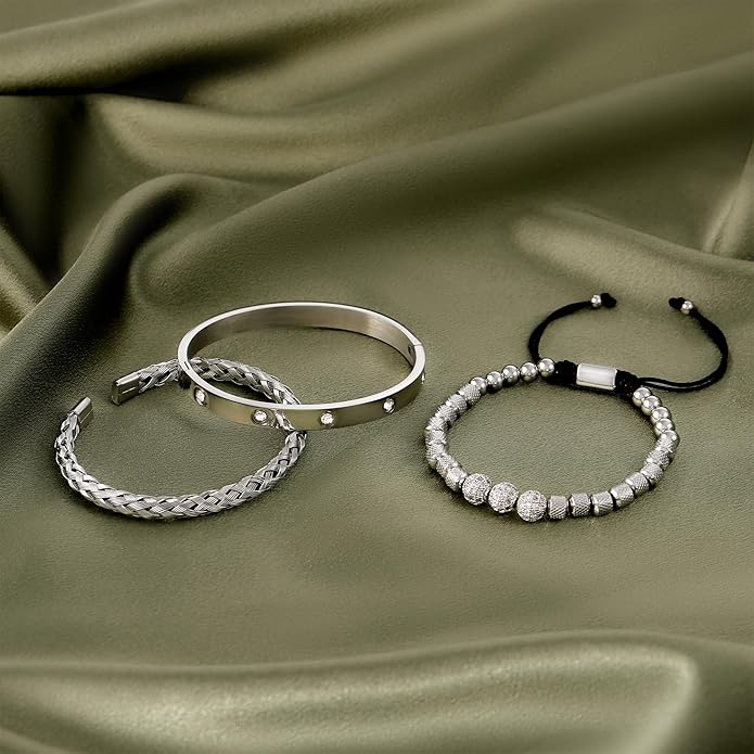 WFYOU 3PCS Stainless Steel Bracelets for Men Gold Roman Numeral Bangle Bracelet Twisted Cable Bracelet Adjustable Cuff Bracelet Mens Luxury Jewelry Bracelets Gifts