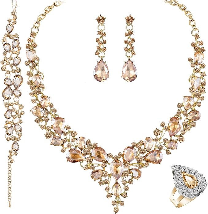 Paxuan Crystal Bridal Wedding Jewelry Sets for Women Rhinestone Teardrop Crystal Statement Choker Necklace Drop Earrings Link Bracelets Rings Teardrop Jewelry Set for Brides Bridesmaids