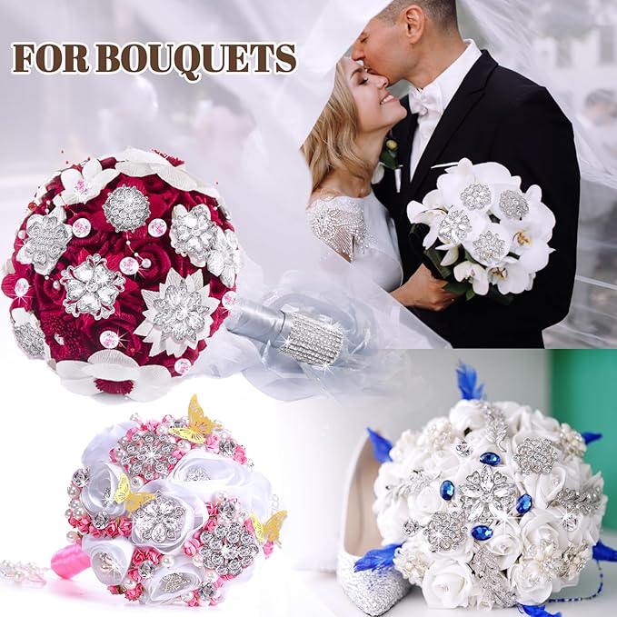 Yhsheen Rhinestone Brooches Bouquet Pins Corsage Boutonniere Pins Crystal Brooch Diamond kits for Wedding Accessories Jewelry Decoration DIY Craft Sewing(Silver)