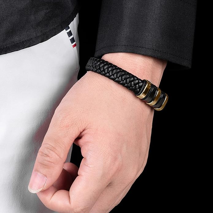 Leather Bracelet for Men Braided Cuff Wristband Stainless Steel Clasp in Silver and Gold Jewellery Gift