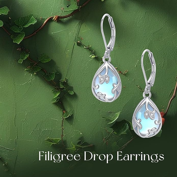 Filigree Drop Earrings 925 Sterling Silver Moonstone Teardrop Earrings Dangle Jewelry Gifts for Women