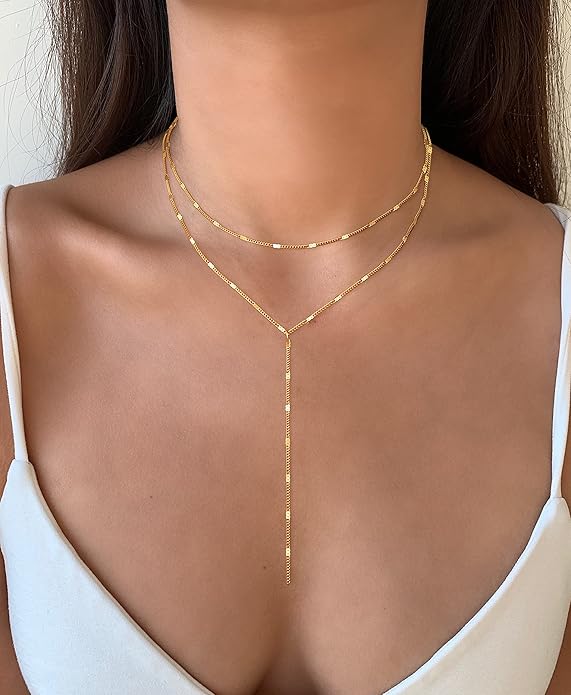 Foxgirl Lariat Gold Necklace for Women, Dainty Long Necklace 14k Gold Plated/Silver Y-Shaped Pendant Necklace Trendy Layered Cz Beaded Chain Drop Necklaces Simple Gold Jewelry For Women Gift