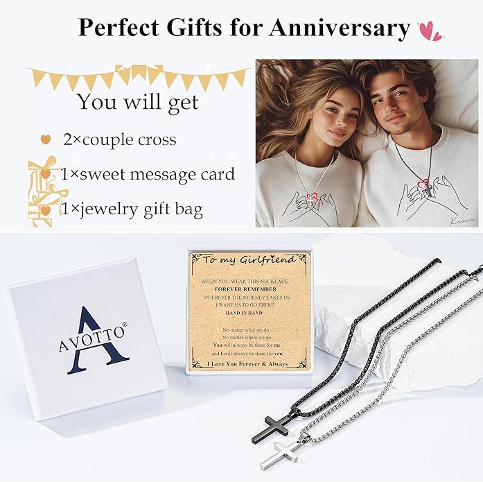 Valentines Day Matching Couple Stuff Cross Necklaces Idea Gifts for Men Women, Anniversary Birthday Engagement Gifts for Couple Boyfriend Girlfriend Husband Wife Love You Forever Cross Necklaces