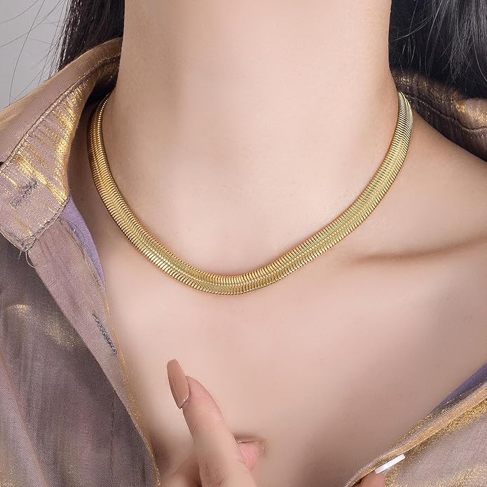 Dankadi Men 925 Sterling Silver Necklace Italian 6MM-8MM Flexible Flat Snake Chain Choker 16-30 Inch 24K Gold plated Fine Jewelry Gifts for Women