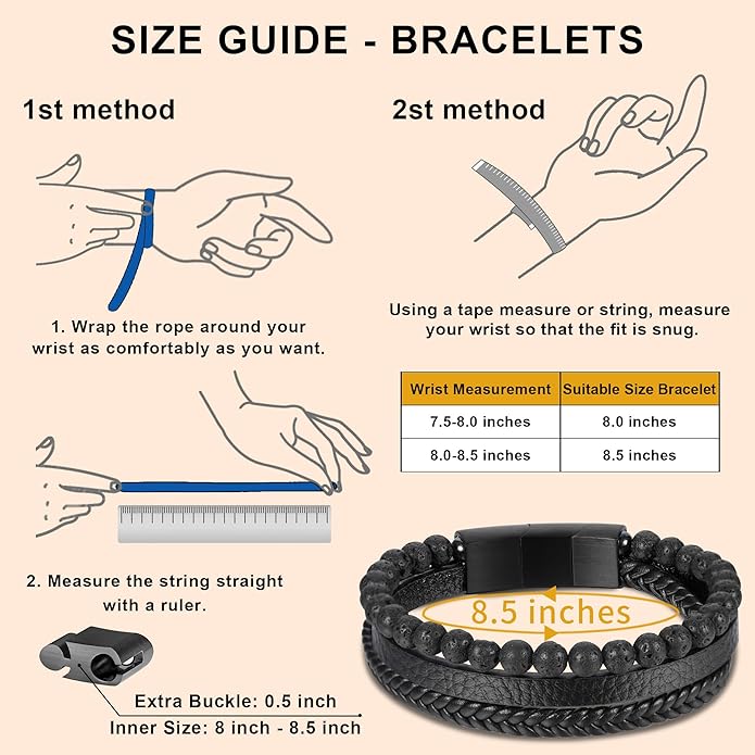 Gifts for Men - Layered Leather Beads Bracelet, Tiger Eye Lava Rock Stone Braided Leather Bracelets for Men Adjustable Magnetic Clasp Birthday Gifts