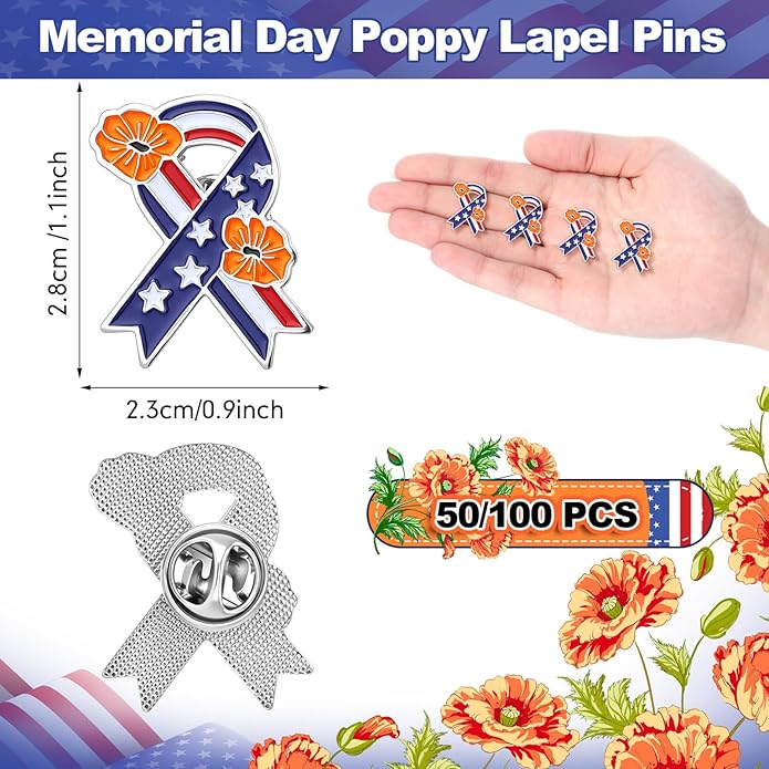 Tondiamo Memorial Day Poppy Flower Brooch Pins Remembrance Day Poppy Pins Lapel Brooch USA Flag