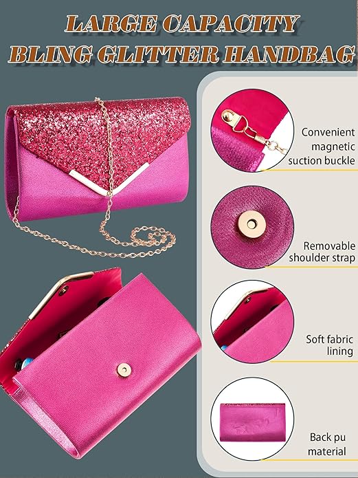 Henoyso 5 Pcs Purse Rhinestone Jewelry Set Prom Jewelry Rhinestone Clutch Purse Necklace Earrings Bracelets for Women Bride