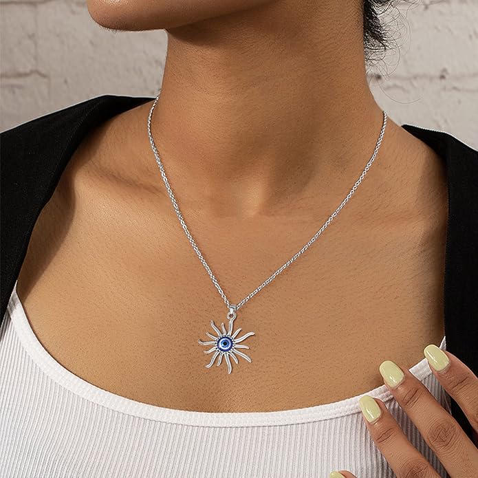 VIBILIA Evil Eye Necklace Sun Pendant Turkish Blue Eye Protection Lucky Necklaces Jewelry Gifts for Men Women (Sun) - Silver