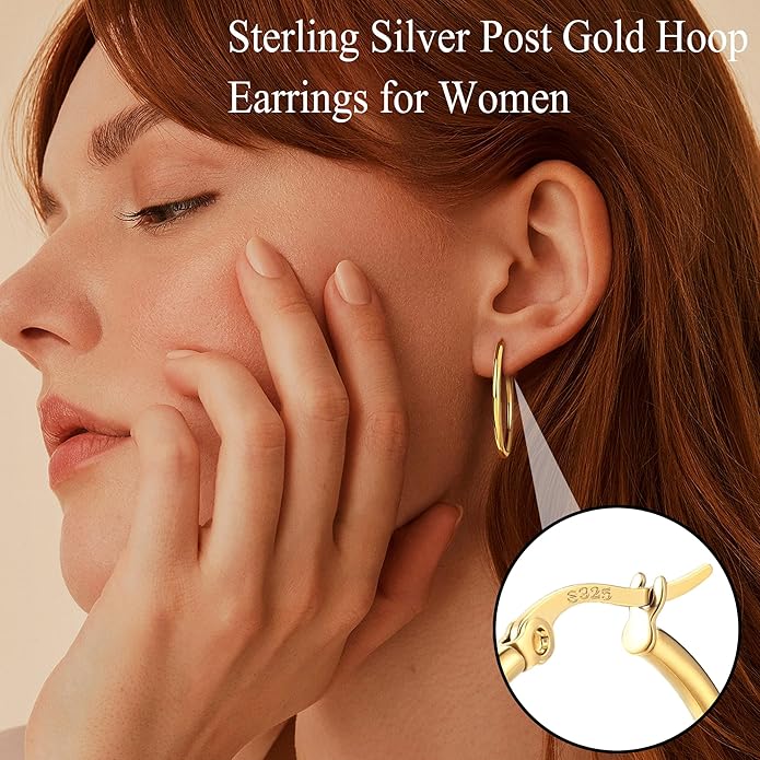 FUNRUN JEWELRY 5 Pairs 925 Sterling Silver Hoop Post Earrings for Women-Small 14K Gold Silver Hoops Earrings,Hypoallergenic Silver Hoop Earring for Women-Medium Big Hoops Stack Earring 10/14/20/30/40mm