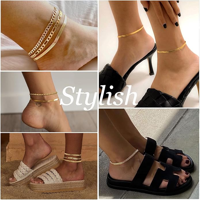 DEARMAY 14K Gold Plated Ankle Bracelets for Women Waterproof - Dainty 6Pcs Anklets Layered Cuban Link Chain Herringbone Cute Anklets Set Pack Summer Beach Jewelry Gift for Women Teen