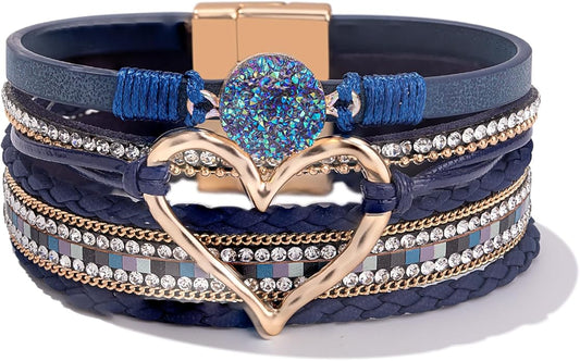 FANCY SHINY Heart Leather Wrap Bracelets Stackable Boho Cuff Bangles Trendy Resin Stone Rhinestone Bracelets with Magnetic Clasp for Women