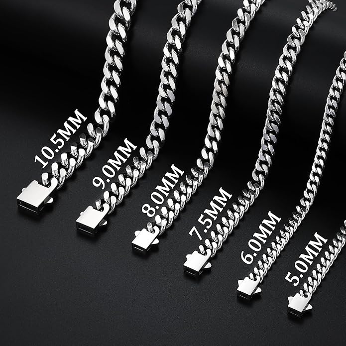 Fiusem Valentines Day Gifts for Him Silver Tone/Black/14K Gold Plated Chain Necklace for Men, 5mm/6mm/7.5mm/8mm/9mm Stainless Steel Cuban Link Chain Necklace, Men's Chains 18-28 Inch Jewelry Gifts