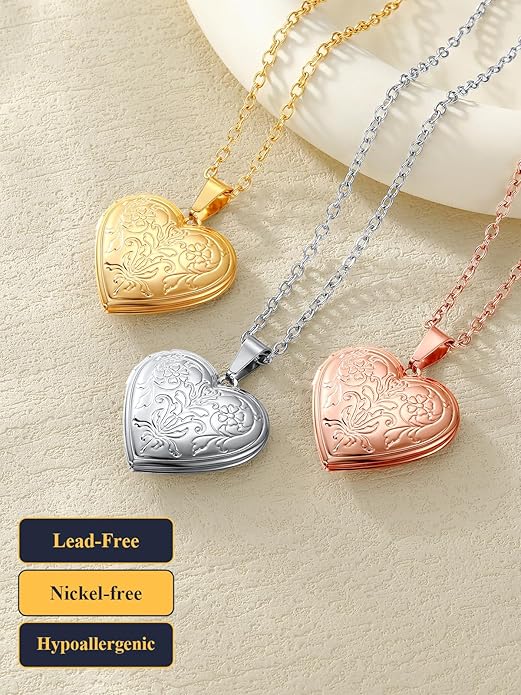U7 Women Locket Necklace Platinum 14K Gold Photo Lockets that Hold Picture,Chain 20 Inch Personalized Gift Custom Love Heart Image Necklaces