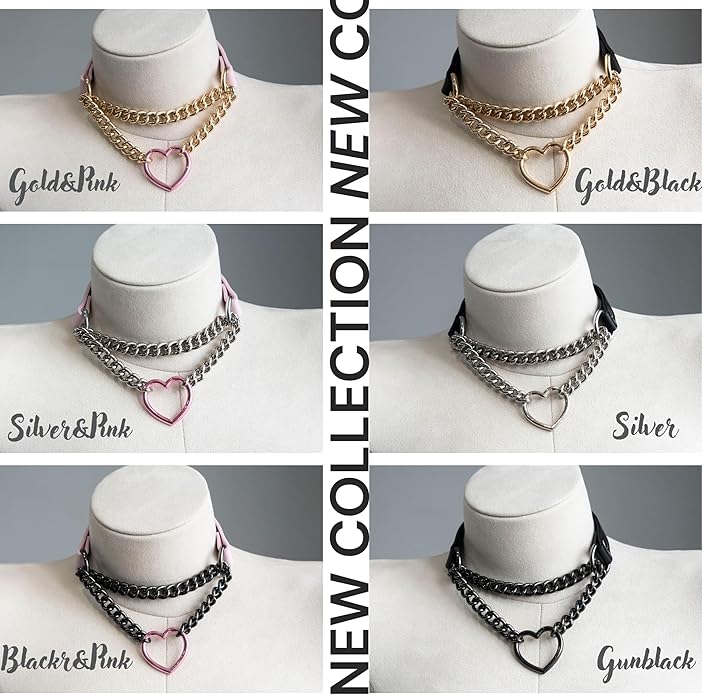 Black/Pink Leather Choker Necklace For Women, Handmade Adjustable Chain Collar with Metallic Heart Ring