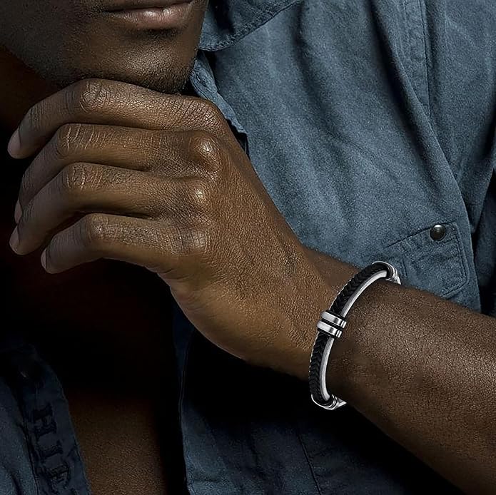 Leather Bracelet for Men with Adjustable Stainless Steel Magnetic Clasp Multi-Layer Braided Mens Leather Bracelet