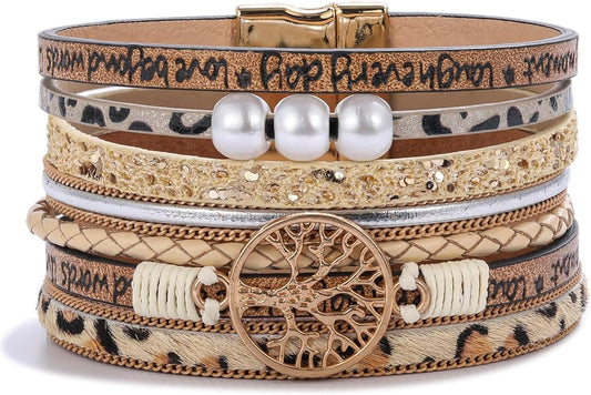 FANCY SHINY Tree of Life Leather Wrap Bracelet Inspirational Cuff Bangles Boho Pearl Bracelets with Magnetic Clasp Unique Jewelry Gifts for Women