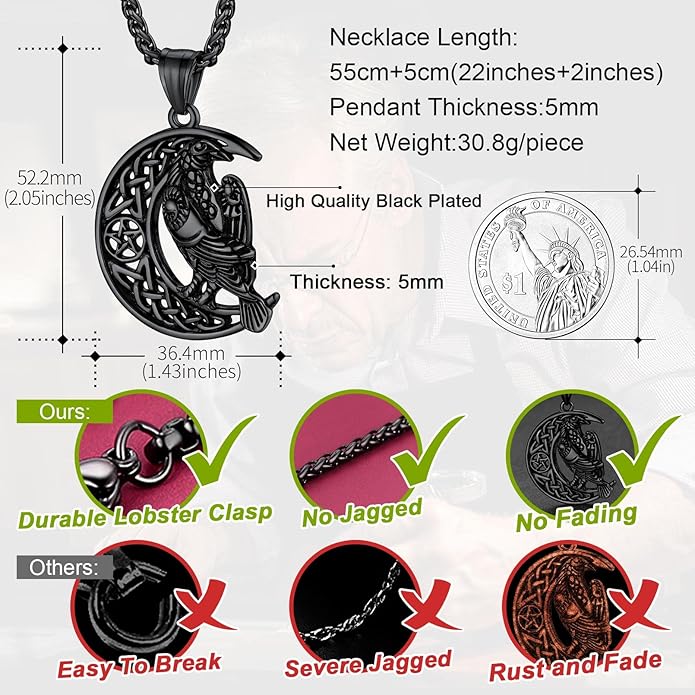 FaithHeart Viking Raven Necklace for Men, Norse Mythology Raven Skull Pendant Sturdy Stainless Steel Amulet Jewelry Gift for Men