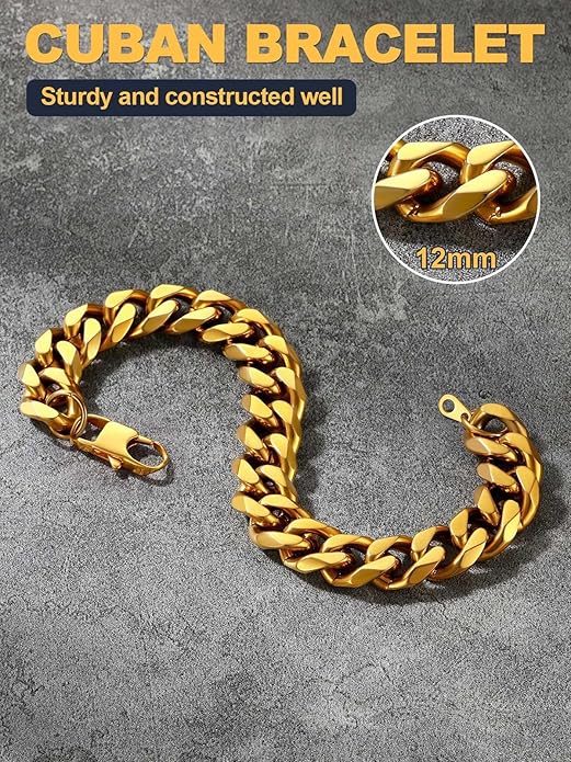 U7 Link Bracelets for Men, Cuban Link/Rope/Watch Band Solid Bracelet, Silver Black Gold Color Wrist Bracelet 3/6/9/12/15mm Width, 6.5/7.5/8.3 Inch Length, Hand Chain Jewelry for Mens Women