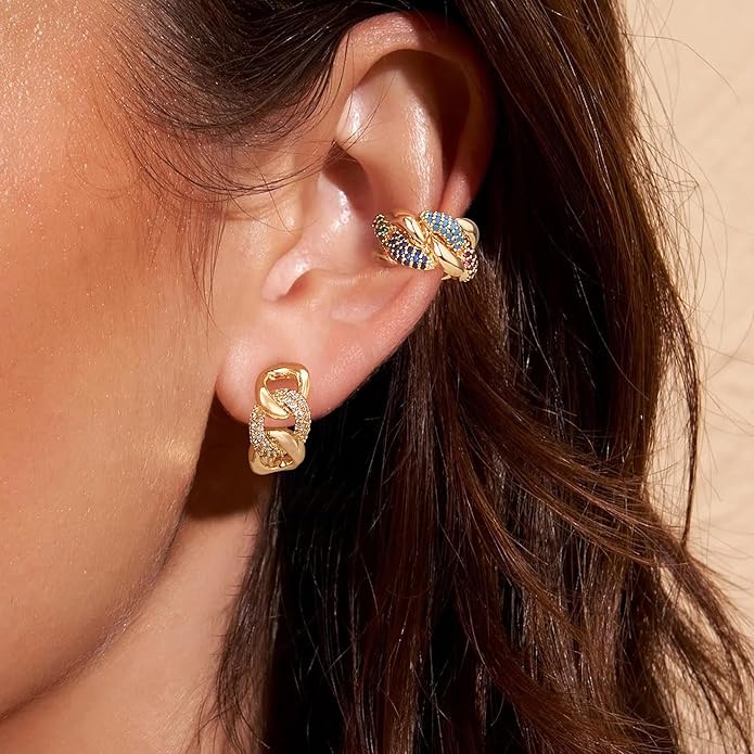 Gold Huggie Hoop Earrings 14K Gold Plated Dainty Chunky Thick Hoop Diamond Cubic Zriconia Inlay Sleeper Tiny Delicate Boho Beach Simple Hypoallergenic Jewelry Gift for Her