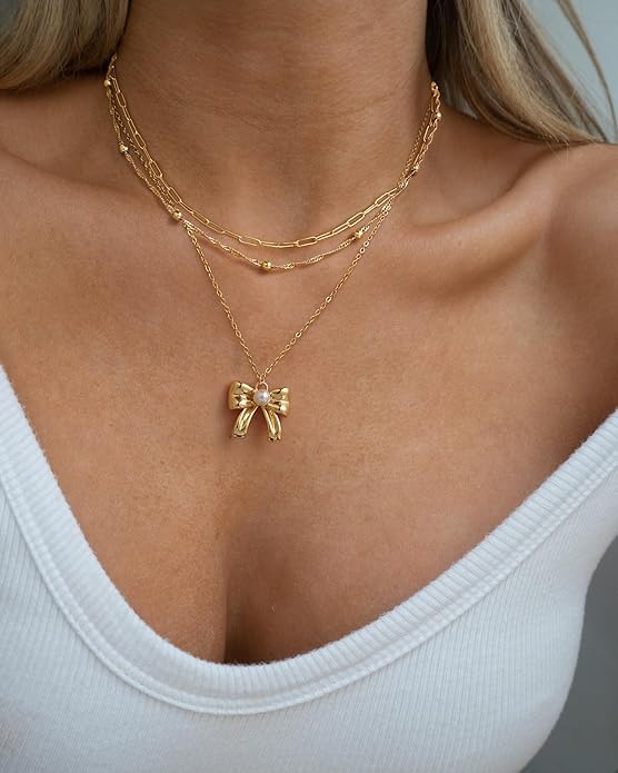 Layered Necklace for Women 14K Gold Plated Dainty Paperclip Herringbone Pearl Cross Pendant Necklace Stack，Layering Chain Cuban Figaro Rope Chain Choker Trendy Gold Jewelry Gift