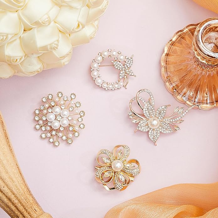 Ecally 4 Pcs Brooches and Pins for Women Crystal Pearl Brooch for Wedding Christmas Teacher Appreciation Gift