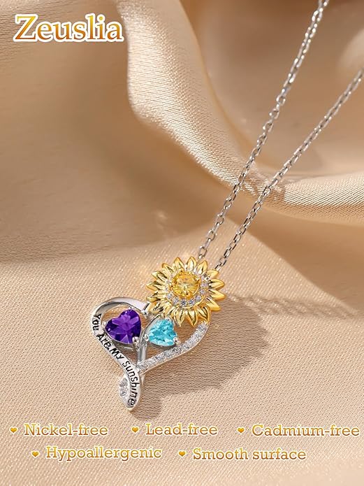 Zeuslia Double Birthstone Necklace Gifts for Wife - 925 Sterling Silver Sunflower/Rose/Crown Cross/Compass/Heart Pendant I Love You Necklace, Anniversary Birthday Gifts for Wife Girlfriend Mom Her