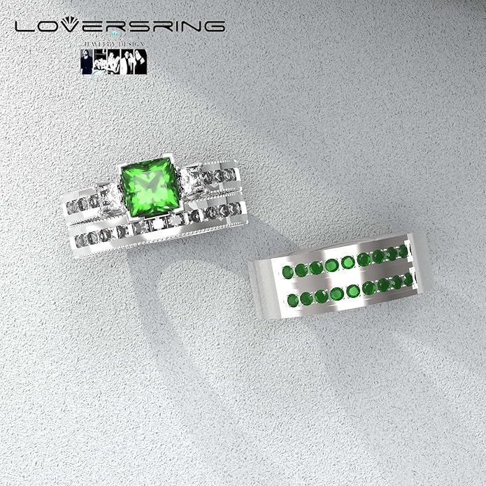 TWO RINGS Wedding Ring Sets His And Hers Promise Ring Couples Bridal Sets Women 925 Sterling Silver square Cz Man Stainless Steel Brushed Finished Wedding Bands