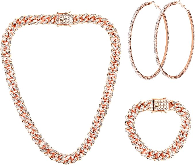 Batiyeer 3 Pcs Cuban Link Chain Necklace Bracelet Rhinestone Hoop Earrings Bling Crystal Hip Hop Jewelry for Women(20 Inch,Rose Gold)