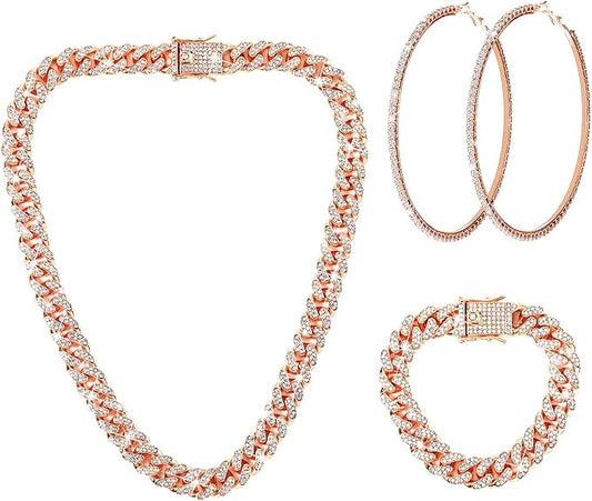 Batiyeer 3 Pcs Cuban Link Chain Necklace Bracelet Rhinestone Hoop Earrings Bling Crystal Hip Hop Jewelry for Women(20 Inch,Rose Gold)
