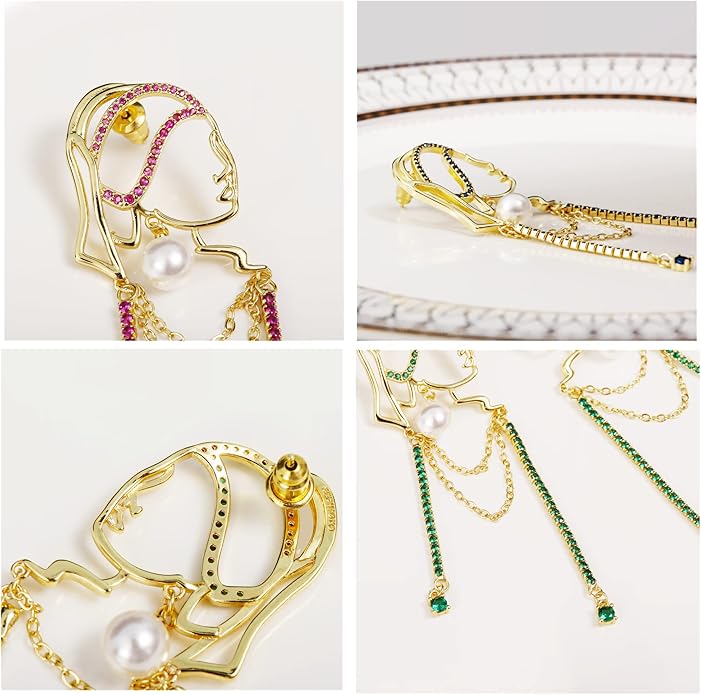 Unique Abstract Face Art | Dangle Statement Long Earrings for Women | Rhinestone Tassel Handmade Chandelier Earrings