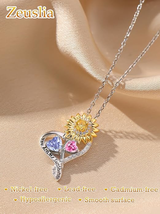 Zeuslia Double Birthstone Necklace Gifts for Wife - 925 Sterling Silver Sunflower/Rose/Crown Cross/Compass/Heart Pendant I Love You Necklace, Anniversary Birthday Gifts for Wife Girlfriend Mom Her