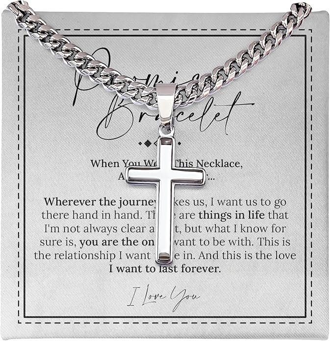 FLAGISTA Promise Cross Necklace for Him – Stainless Steel Cross Pendant with Cuban Link Chain, Meaningful Promise Gift for Husband, Boyfriend or Loved One.