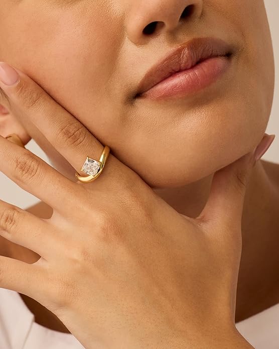 PAVOI 14K Gold Plated Wavy Engagement Ring for Women | Solitaire Cubic Zirconia Wedding Band & Promise Rings for Her | Trendy Fashion Jewelry