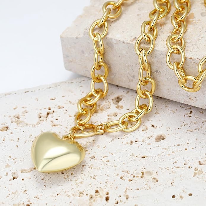Chunky Gold Necklace for Women, 18K Waterproof Heart Necklace Statement Necklace Gold Charm Necklace Chunky Jewelry Paperclip Chain Choker Gift for Women