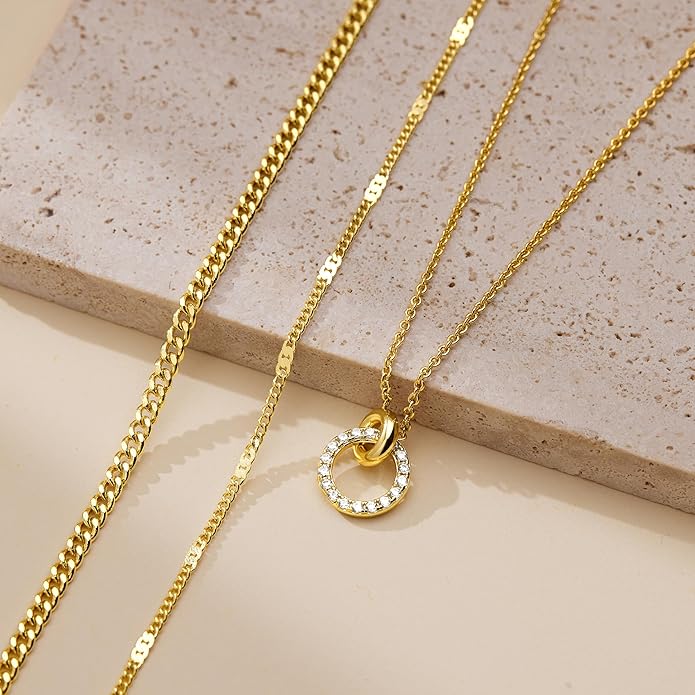 WomenGifts Layered Gold Necklaces for Women, 14K Gold Sterling Silver Plated Dainty Pendant Necklace Set with Cubic Zirconia Circle, Chunky Stackable Cuban Chain Choker, Trendy Personalized Birthstone Jewelry Gift Non Tarnish