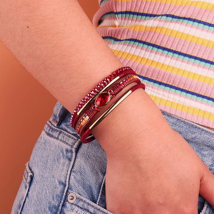 FANCY SHINY Leather Wrap Bracelets Crystal Beads Bracelet Boho Cuff Stone Charm Bracelets with Clasp Costume Jewelry for Women