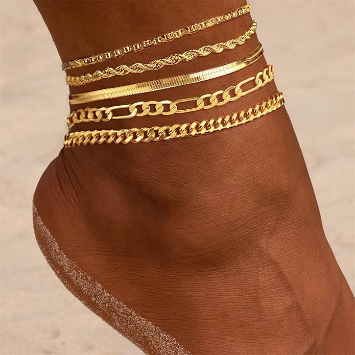 DEARMAY 14K Gold Plated Ankle Bracelets for Women Waterproof - Dainty 6Pcs Anklets Layered Cuban Link Chain Herringbone Cute Anklets Set Pack Summer Beach Jewelry Gift for Women Teen