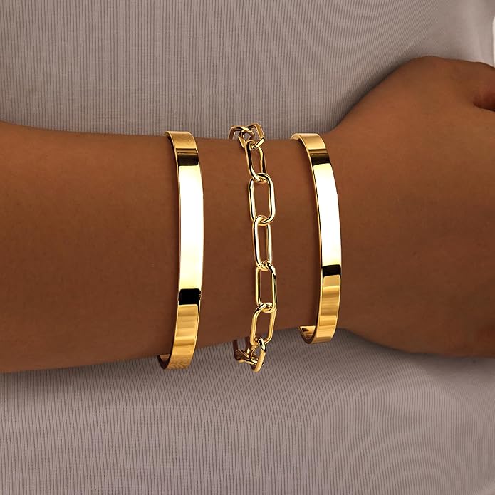 Silver Bracelets for Women Stack, Silver or Gold Plated Cuff Bangle Set, Trendy Silver Jewelry for Women Fashion